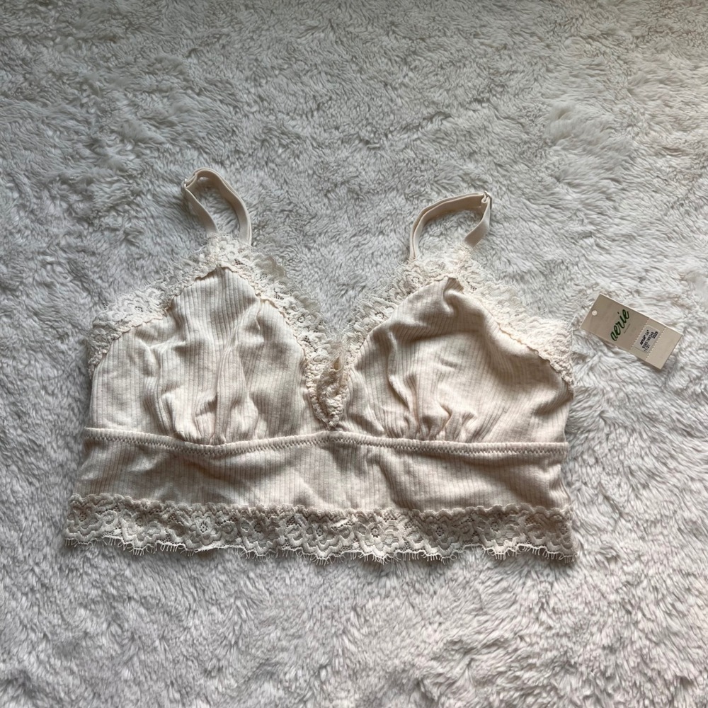 Aerie Ribbed Lace Trim Longline Bralette Cream VNeck Adjustable Straps Small NWT